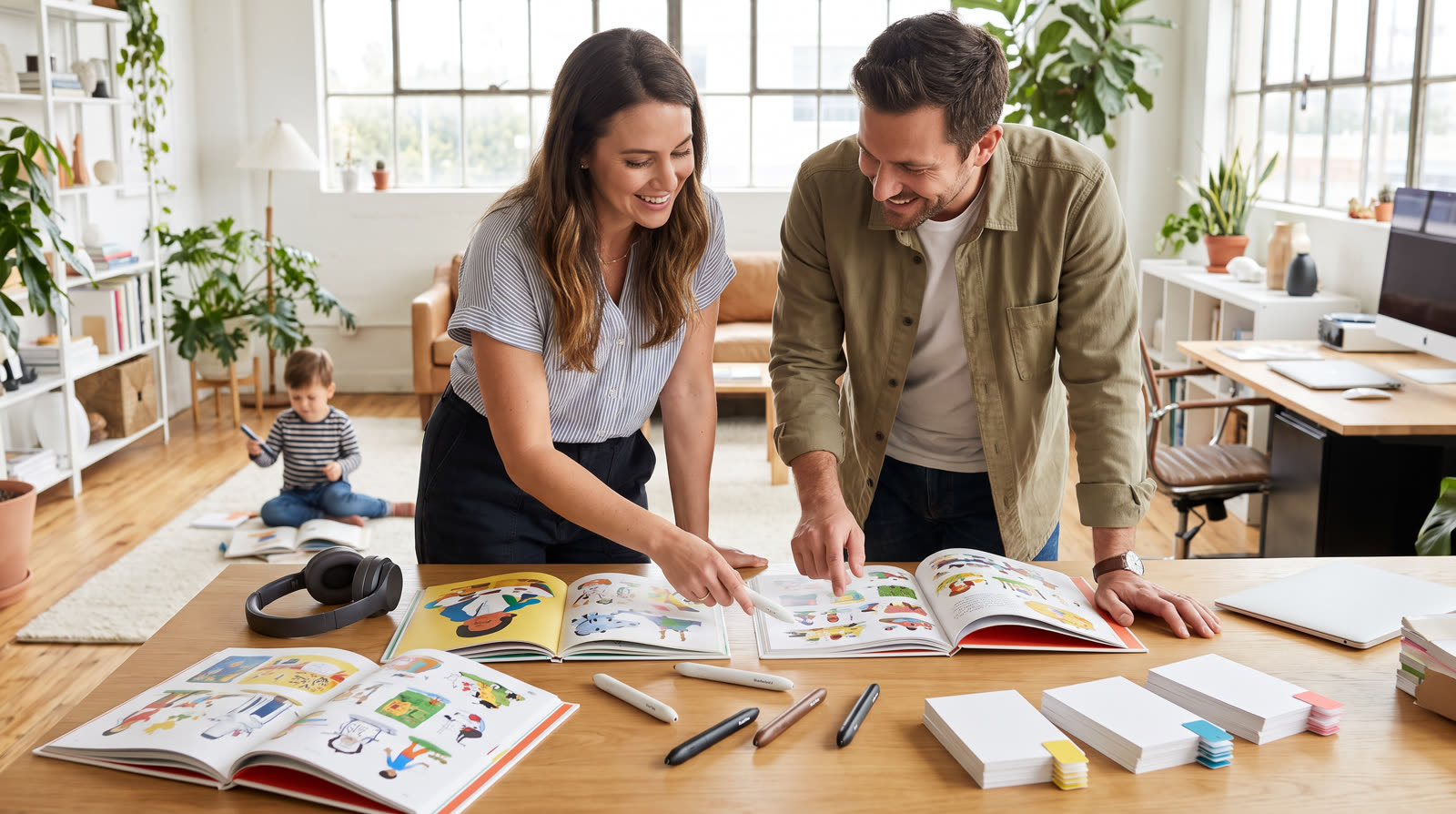 Child using an unbranded reading pen and illustrated learning materials for a talking pen content platform buyer guide