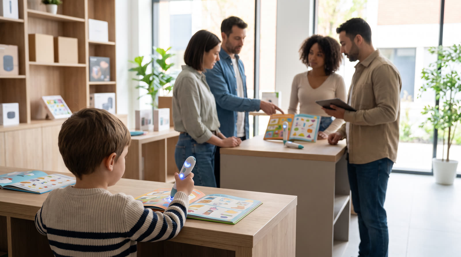 Child using an unbranded reading pen and illustrated learning materials for a talking pen book set buyer guide