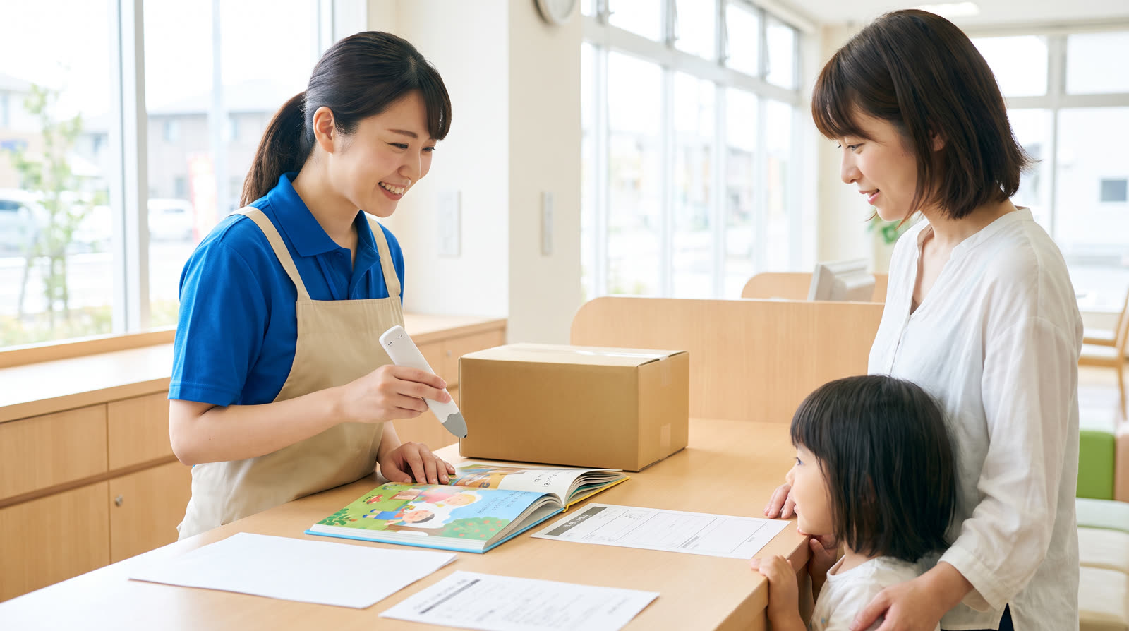 a bright, child-focused, photorealistic editorial scene supporting what should a retailer receive in a reading-pen return-policy case handover
