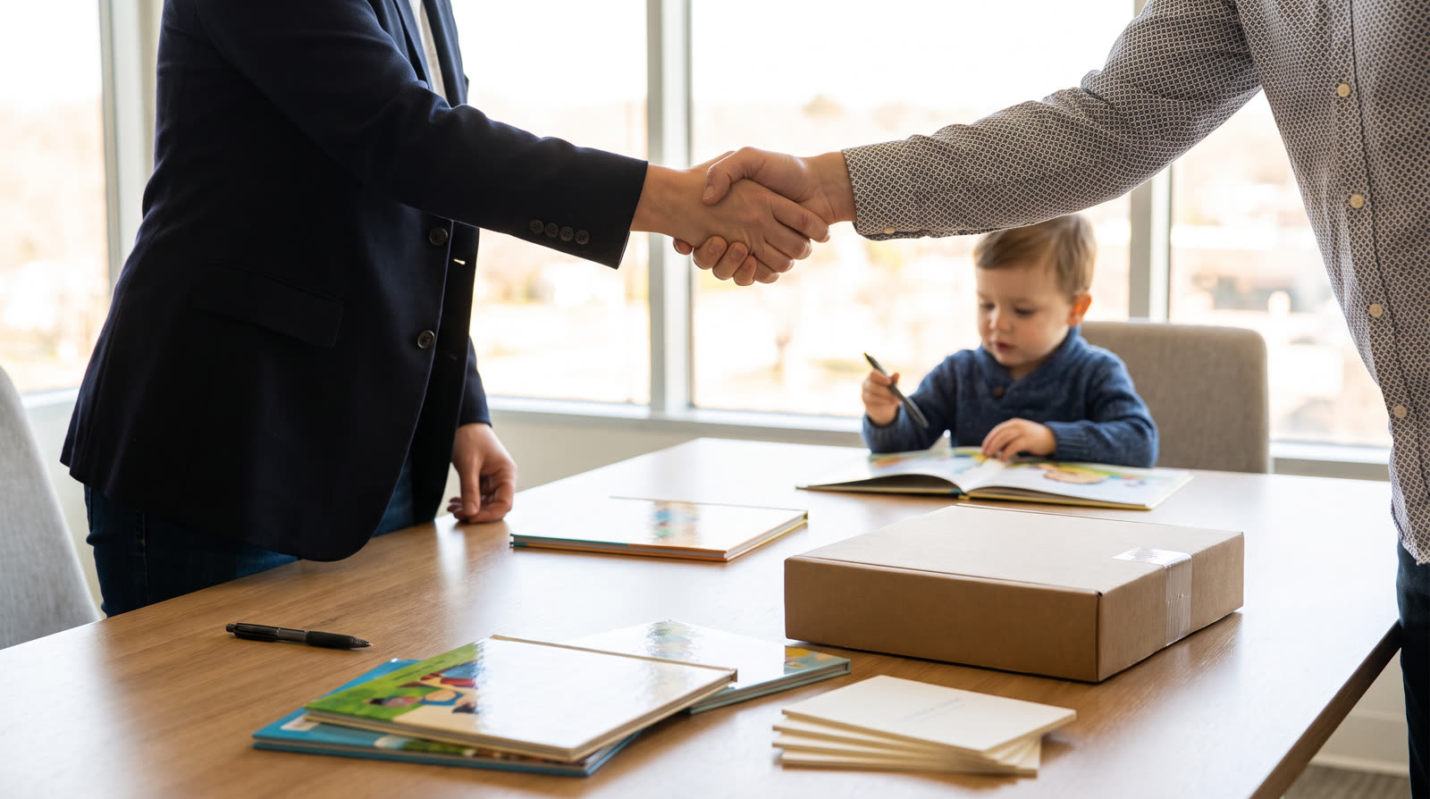 a bright, child-focused, photorealistic editorial scene supporting how can an overseas buyer control payment milestones for a children’s reading pen oem project