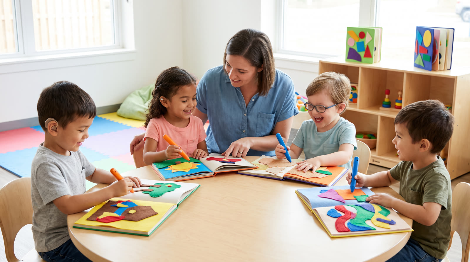 a bright, child-focused, photorealistic editorial scene supporting how should buyers plan inclusive reading-pen content for mixed-ability children