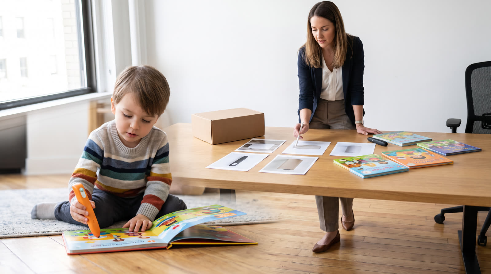 a bright, child-focused, photorealistic editorial scene supporting which evidence gate should a buyer pass before a children’s reading pen marketplace launch