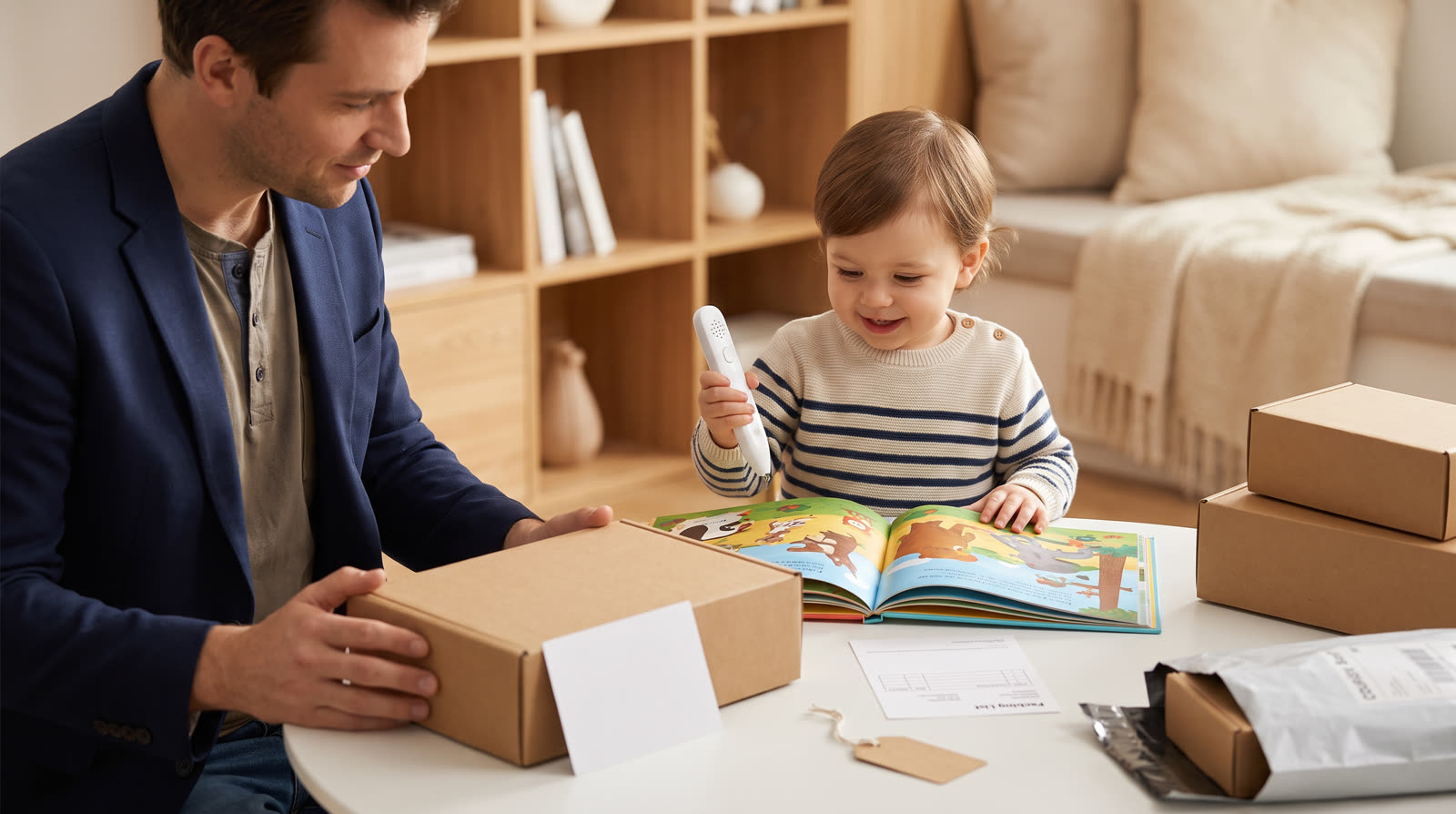 Child using an unbranded reading pen and illustrated learning materials for a talking pen sample request buyer guide