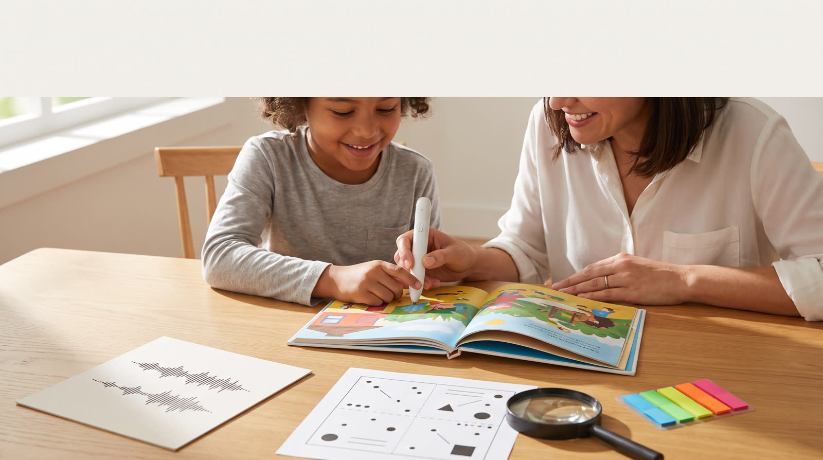 Child using an unbranded reading pen and illustrated learning materials for a talking pen proof review checklist buyer guide