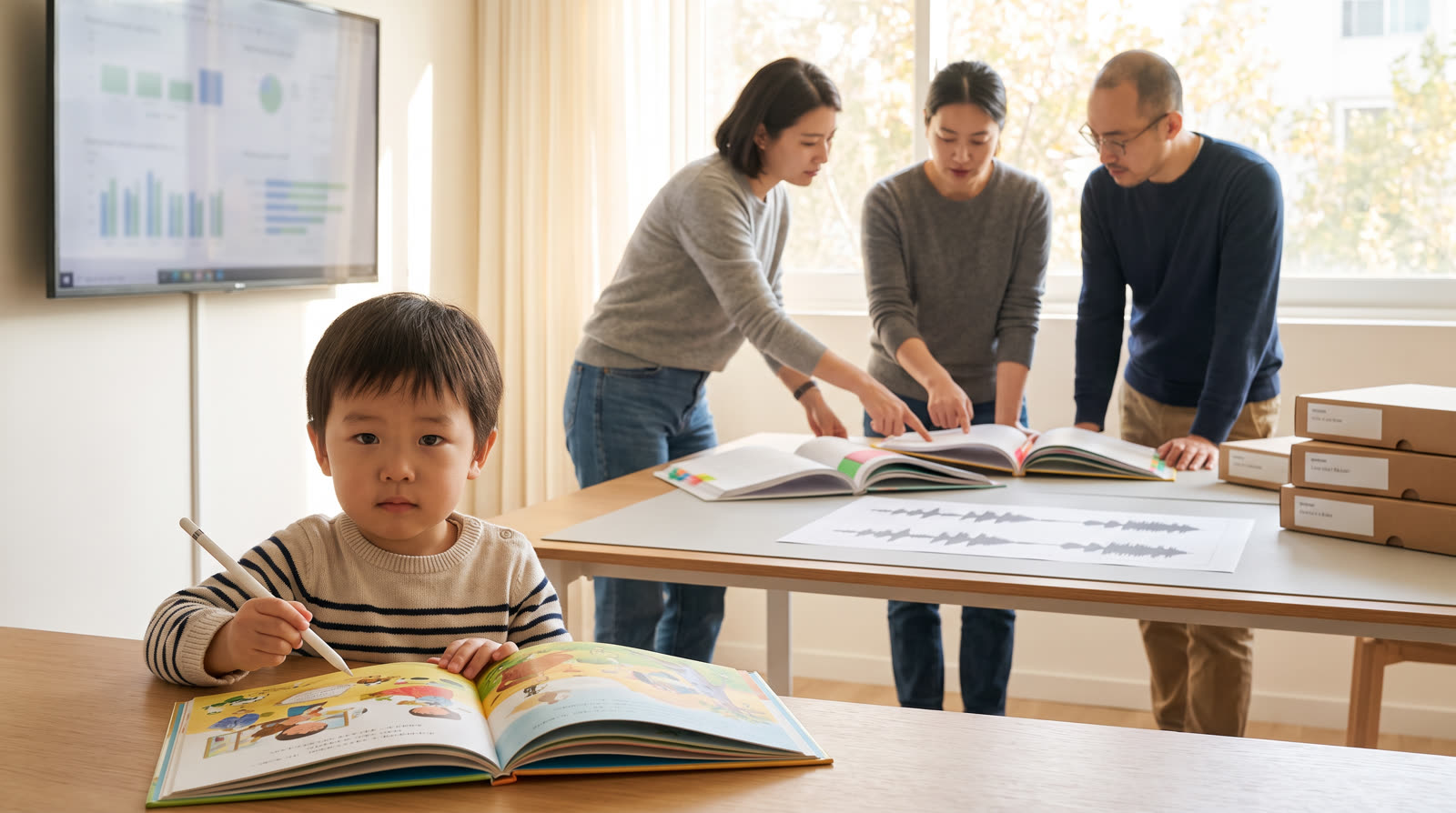 Child using an unbranded reading pen and illustrated learning materials for a talking pen book edition change notice buyer guide
