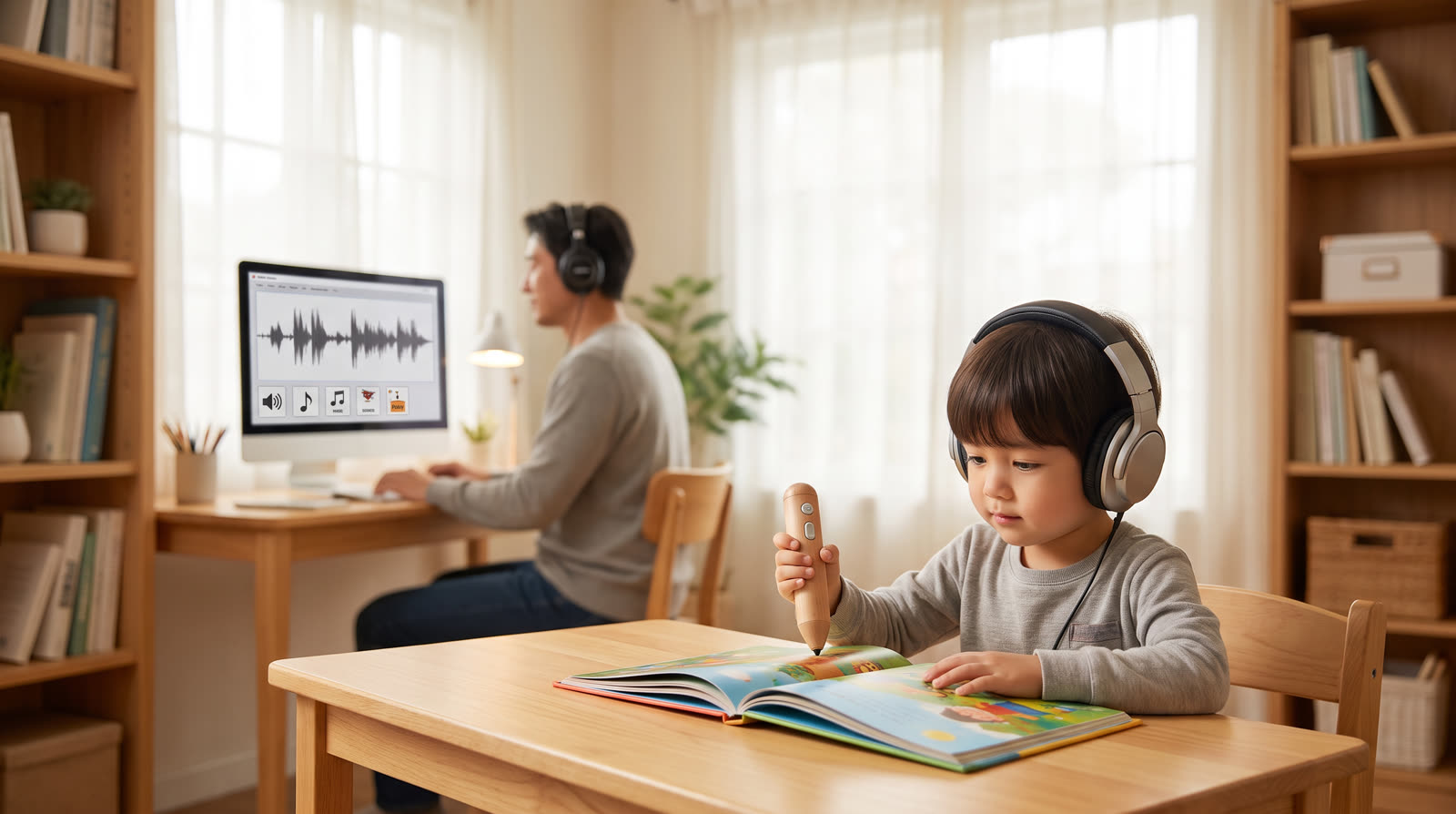 Child using an unbranded reading pen and illustrated learning materials for a talking pen pronunciation QA buyer guide