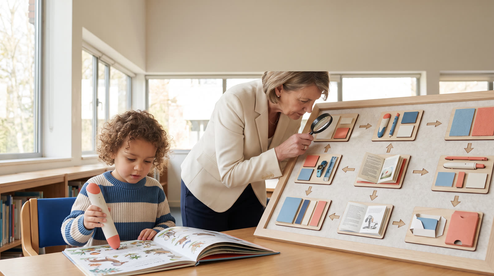 Child using an unbranded reading pen and illustrated learning materials for a talking pen environmental claims buyer guide