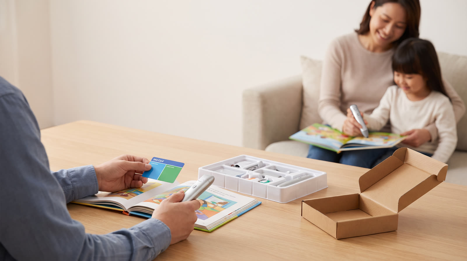Child using an unbranded reading pen and illustrated learning materials for a talking pen replacement parts by SKU buyer guide