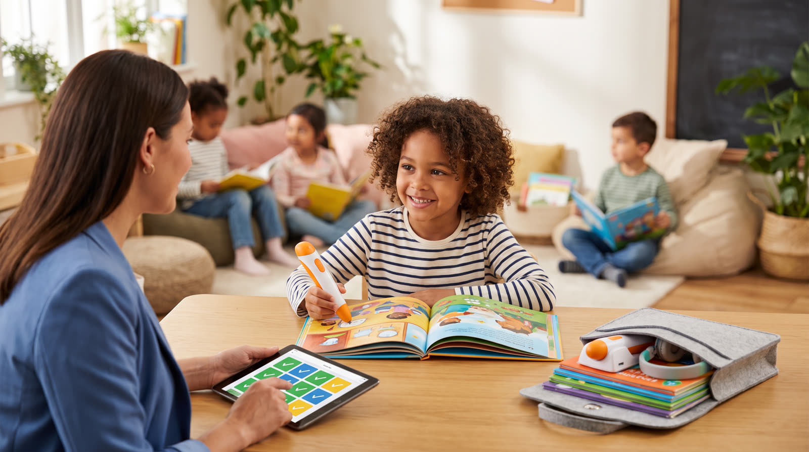 Child using an unbranded reading pen and illustrated learning materials for a talking pen bundle for education catalogues buyer guide