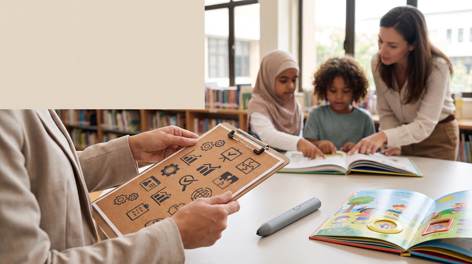 Child using an unbranded reading pen and illustrated learning materials for a talking pen tender buyer guide